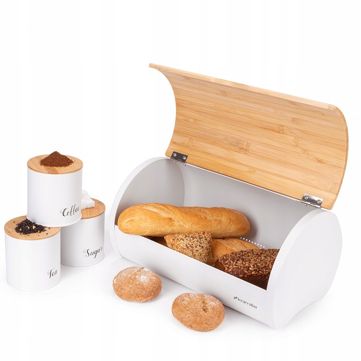 Chlebak bambus + set 3 recipiente pentru cafea, ceai si zahar, Kamille, 38x24x18cm