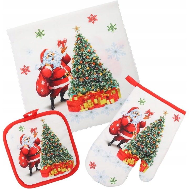 Set bucatarie sarbatori 3 piese manusa, suport, prosop, multicolor, 60x30x0,1cm