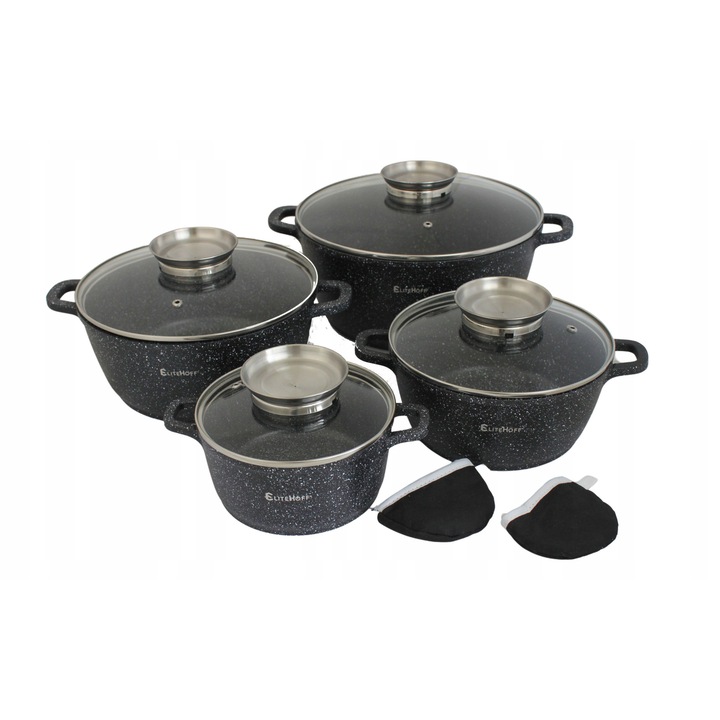 Set de oale Elitehoff, 10 piese, ceramica-granit, 1,5L/2,5L/4,4L/6,5L, negru