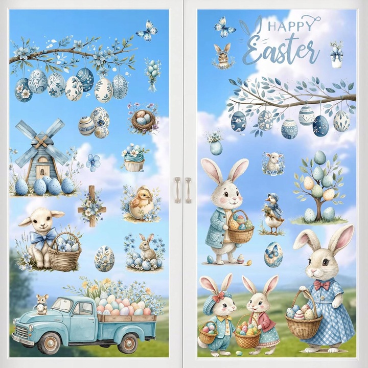 Húsvéti dekorációs matricaszett, nyuszik és tojások, 9 lap, 30x20cm, PVC
