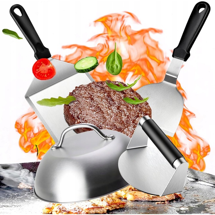 Set ustensile gratar pentru burgeri, 4 piese, presa, spatula plancha, capac, inox, argintiu/negru
