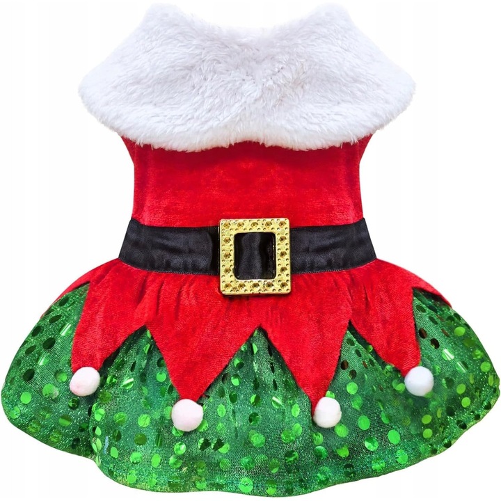 Rochie festiva pentru caini si pisici, rosie cu detalii multicolore, marimea L, material moale din poliester, ajustabila, ideala pentru ocazii de iarna