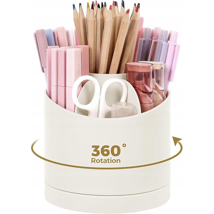 Organizer birou rotativ 360, 7 compartimente, crem-alb, 11,5x11,5x12cm