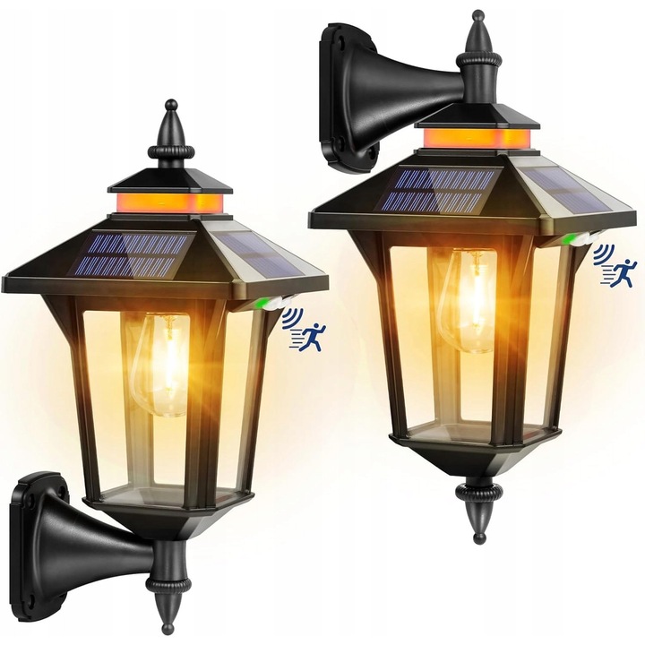 Lampa solara vintage cu senzor de miscare, set 2 bucati, 2200 mAh, IP65, 1,8-2,5 m