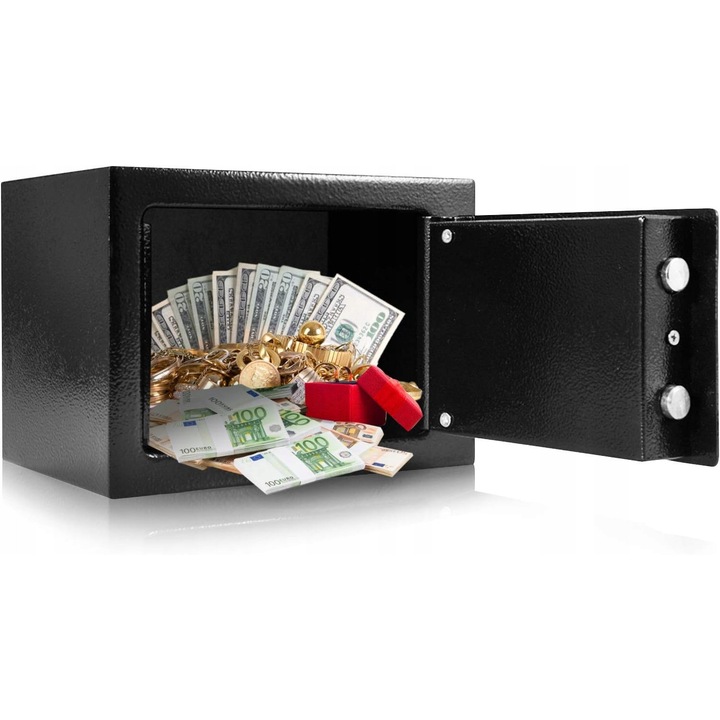 Seif metalic 6,4L cu cheie, negru, dimensiuni 23x17x17,3cm, 2 chei incluse