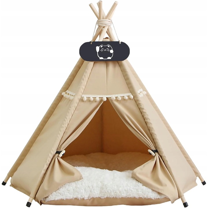 Culcus Tipi pentru Pisici si Caini, cu Perna, Khaki, 50x50x60 cm
