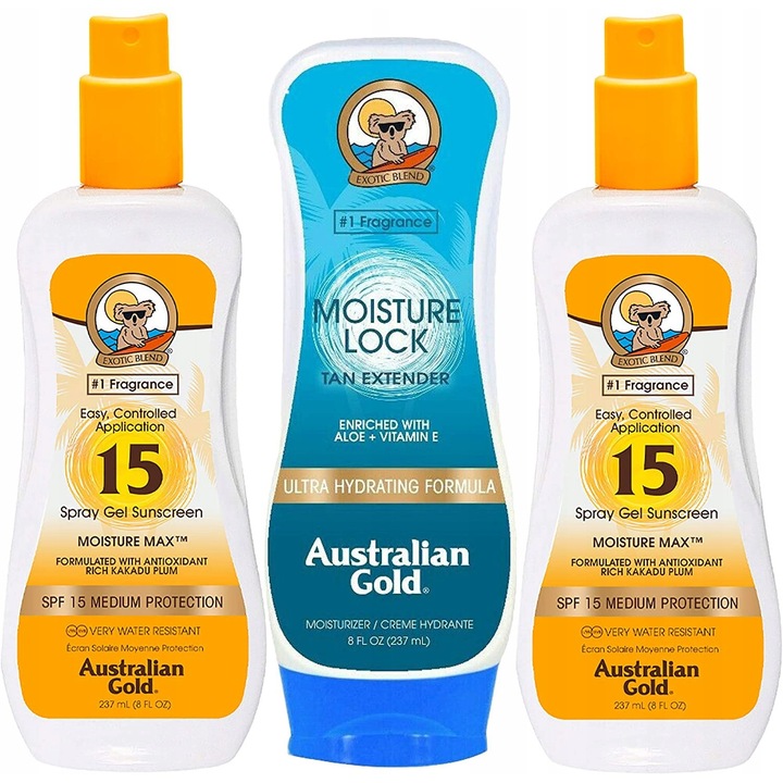 Балсам за след слънце Australian Gold Moisture Lock 237мл + 2 комплекта SPF15, защита от UVA и UVB, бърза абсорбция
