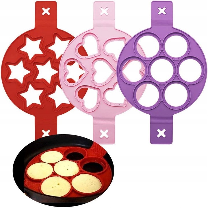Set 3 forme siliconice pentru oua prajite si clatite, violet, forme inima, cerc, stea