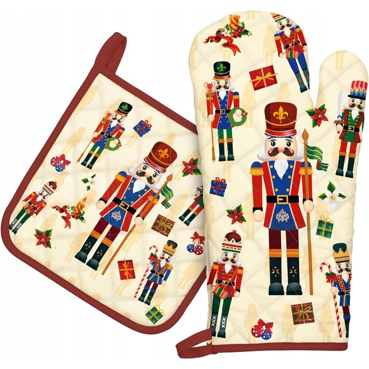 Set manusi de bucatarie festive, 2 piese, bumbac, rezistente la temperaturi, 35x19cm, 22x22cm