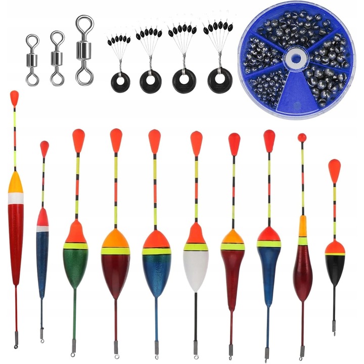 Set accesorii pescuit, 10 plute, greutati din plumb, opritoare, cutie, multicolor