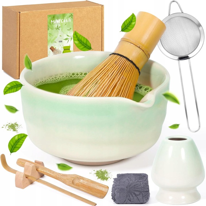Set accesorii pentru matcha, 8 elemente, ceramica verde, stil traditional