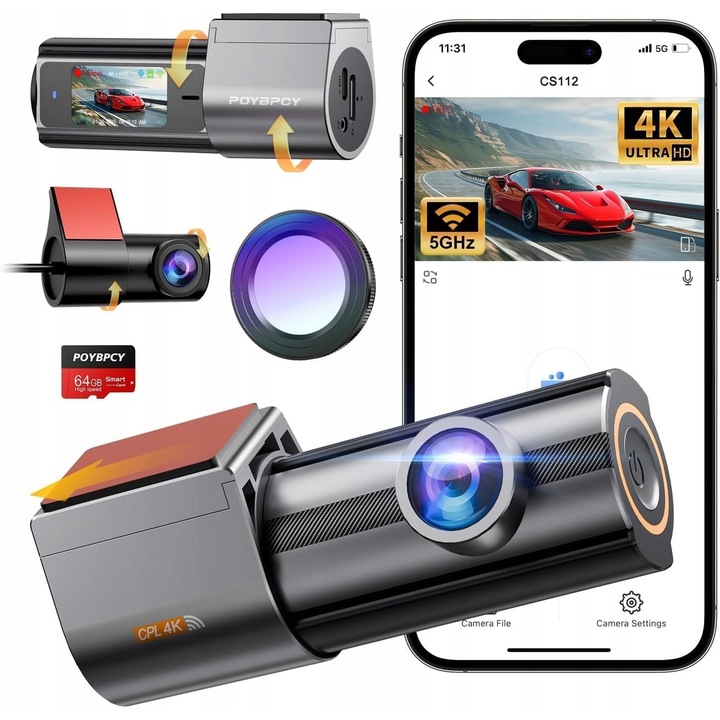 4K autós menetrögzítő kamera, első és hátsó kamera, 5GHz WiFi, 64GB microSD kártya, 170x140 fok