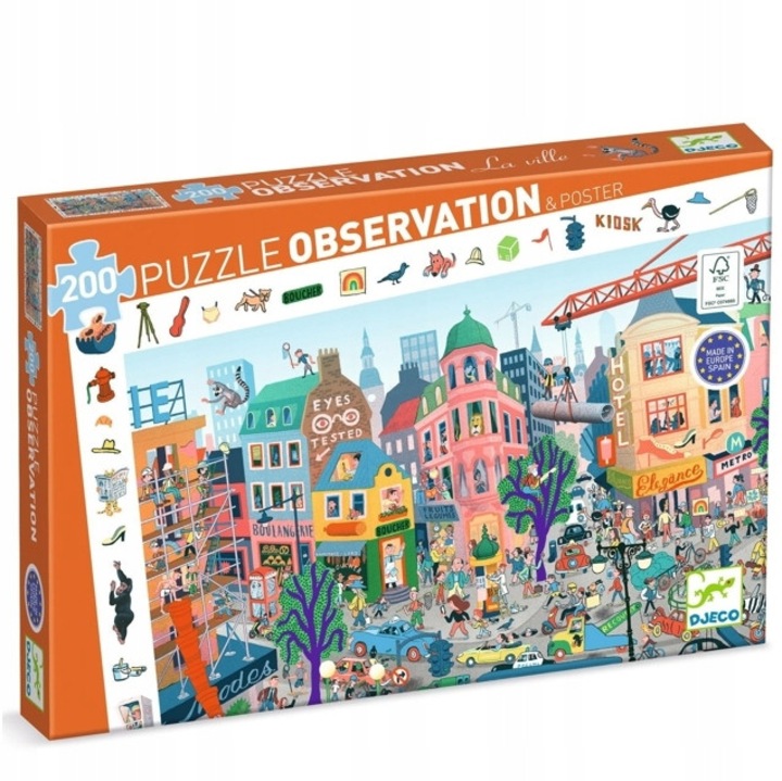 Puzzle Djeco, MIASTO, 200 elemente, 61x38cm, multicolor, pentru 5 ani