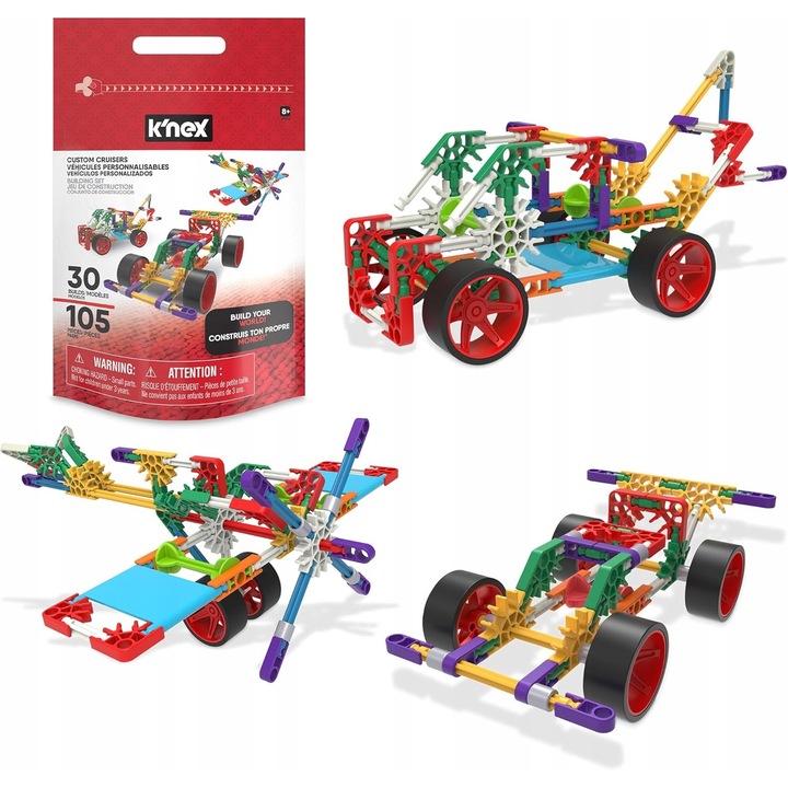 Set de constructie K'NEX, 105 elemente, 30 modele, culori intense, pentru copii de peste 8 ani