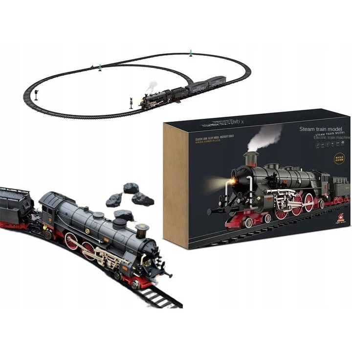 Set trenulete electrice, locomotiva cu aburi, 3 vagoane, efecte realiste, dimensiuni variate