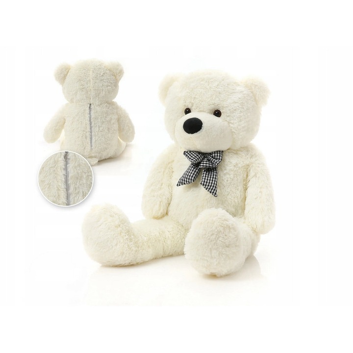 Ursulet de plus, 100 cm, alb, cu fundita decorativa