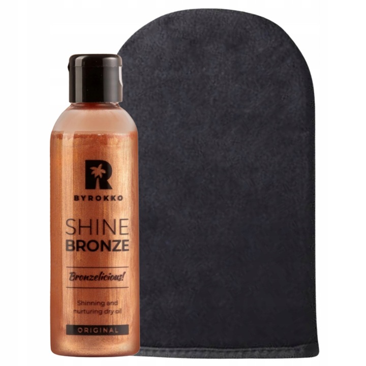 BYROKKO Shine Bronze Száraz Bronzosító Olaj Szett + Barnító Kesztyű, 100 ml, azonnali hatás, arany szín