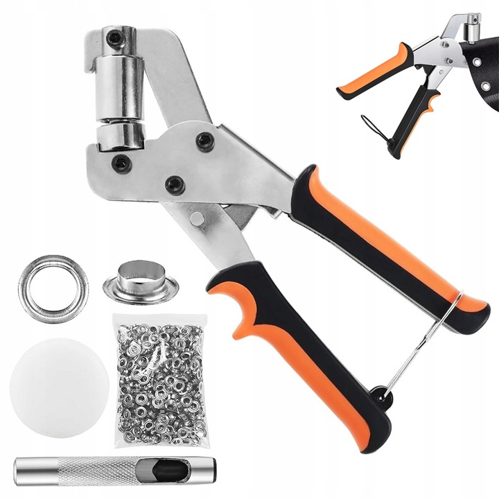 Mágneses kézi fogók bannerekhez és ponyvákhoz, BEDEE, 21,5x14cm, fekete-narancssárga, 1 fogó, 500 fűzőlyuk, 1 lyukasztó, 1 tömítés készlet