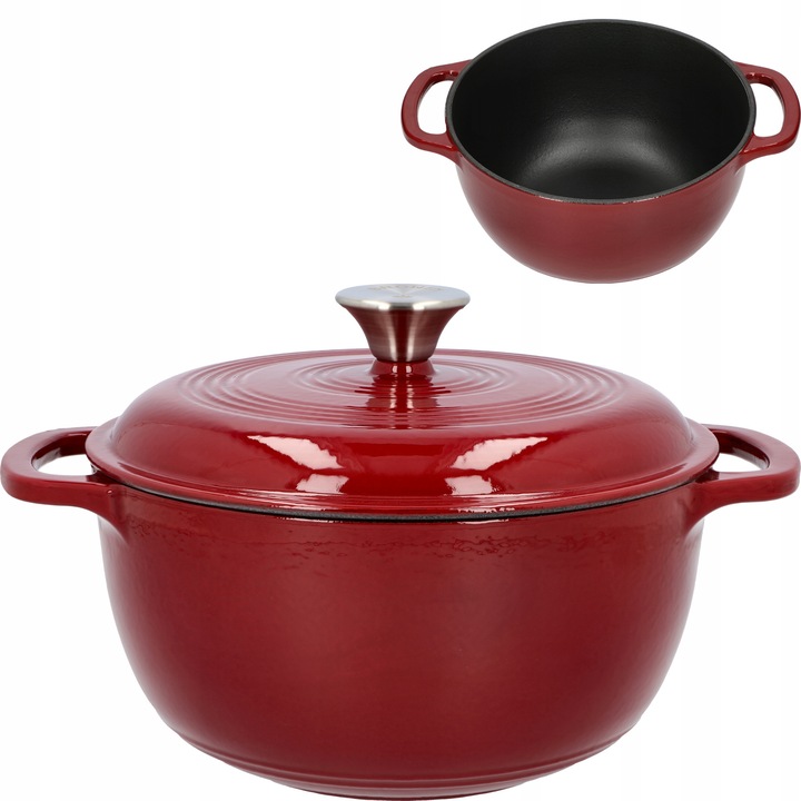 Oala din fonta emailata Browin, 4L, burgund, cu capac, pentru gatit pe inductie si gaz