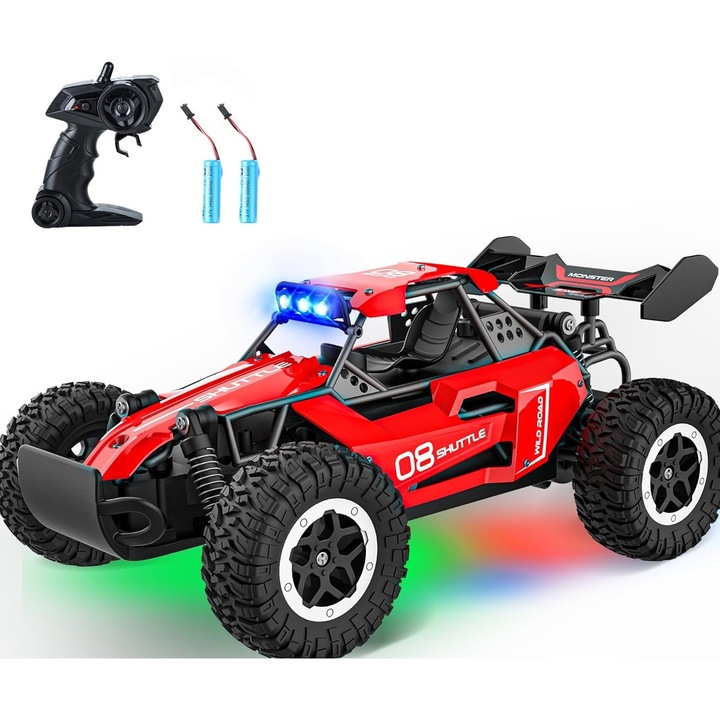 Masinuta terena radio controlata 2WD, 20 km/h, caroserie metalica, LED, rosie, 1:16, set cu 2 acumulatori