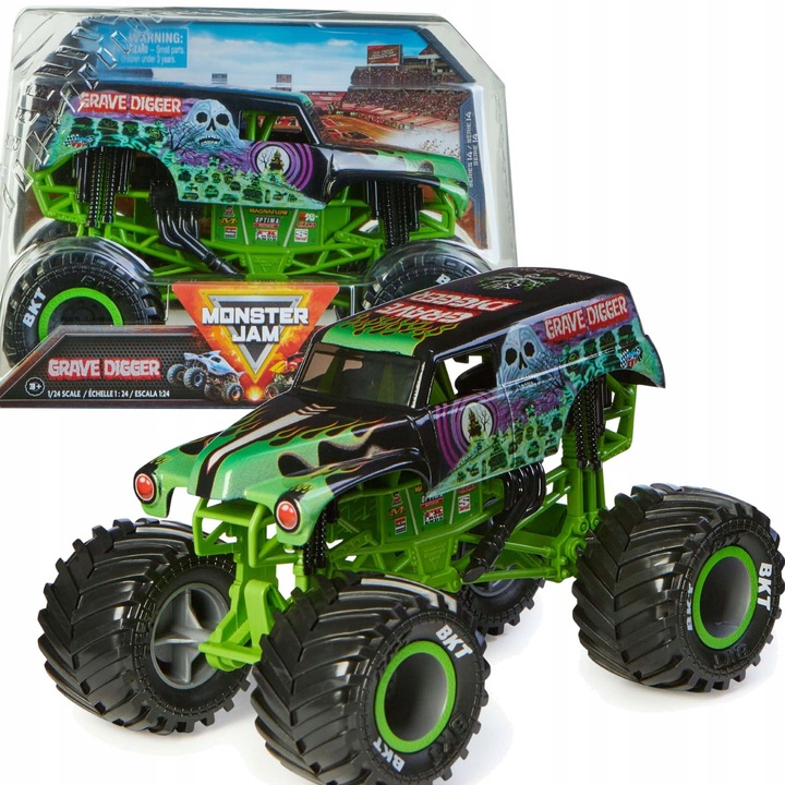 Masinuta Monster Jam Grave Digger 1:24, verde-negru, 19cm, set cu detalii grafice