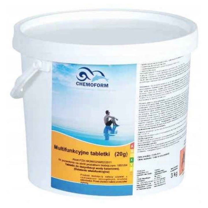 Tablete multifunctionale 20g pentru intretinerea piscinei, Chemoform, 5 kg, 90% clor activ, previne algele, 250 buc.