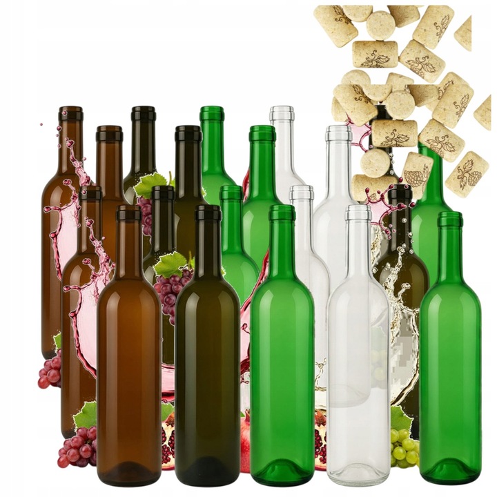 Set 10 Sticle pentru Vin 0,75L cu Dop, Multicolor, 29cm