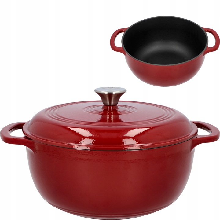 Oala Zeliwna Emaliata Browin 5,8L, burgund, cu capac, pentru gatit pe inductie si gaz