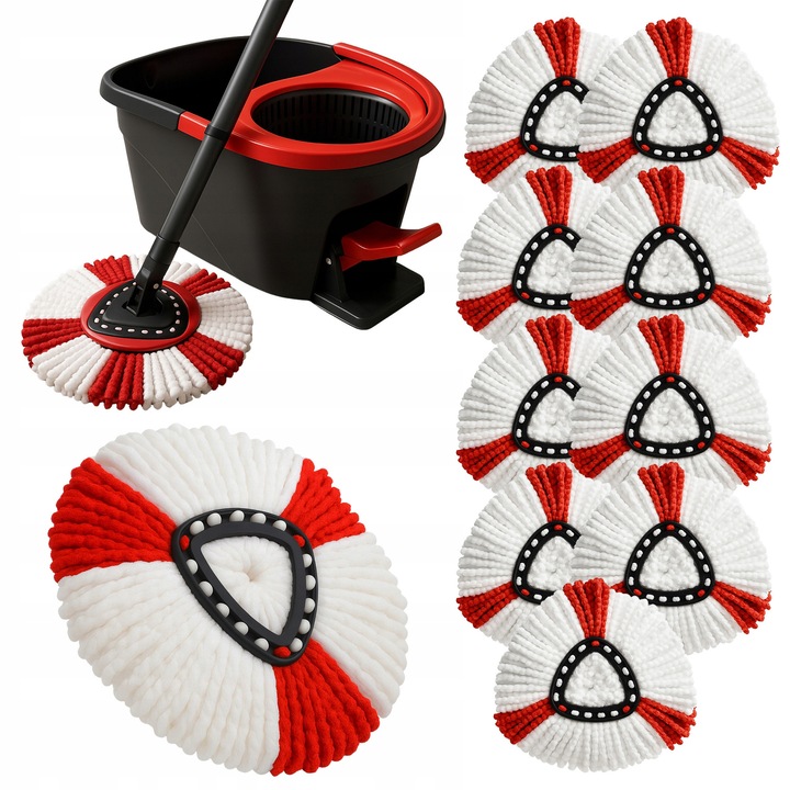 Set 9 perie Mop Obrotativ, Microfibra, Culoare Rosu-Alb, 35cm