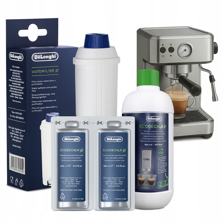 Set DeLonghi, Filtru apa DL C002, Odkamieniacz 500 ml + 2x100 ml, pentru espressoare automate