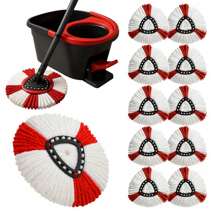 Set 10 perii Mop Vileda Turbo, Microfibra, Culoare Rosu-Alb, 35x10x15cm