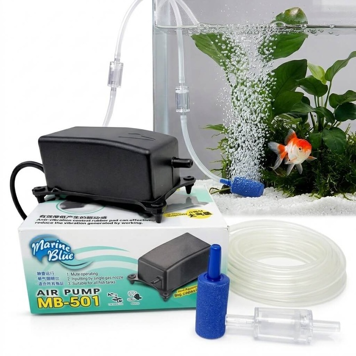 Set mini pompa aer acvariu Marine Blue MB-501, 1.2 l/min (70 l/h), 2W, pompa aer acvariu cu accesorii complete, set pompa aerare acvariu pentru acvarii mici si boluri, furtun 2m, valva unisens, piatra aer inclusa