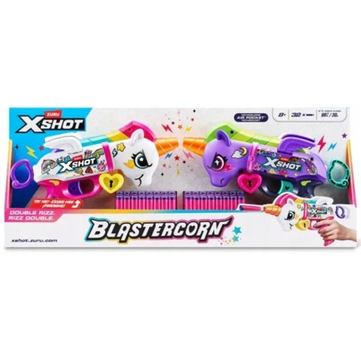 Pistoale de jucarie Zuru XShot Blastercorn set 2, multicolor, 30m, pentru 8 ani+