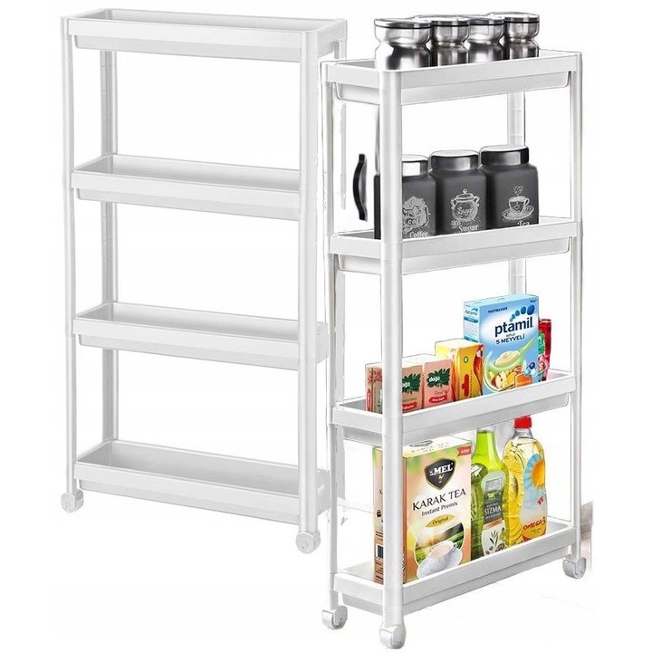 Raft mobil 4 niveluri Katex, alb, 54x18x100cm, ideal pentru baie, bucatarie, birou