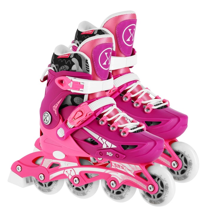 Role reglabile Nils Extreme NA1055, roz, 31-34, cu sistem de ajustare, roti din cauciuc 82A, rulmenti ABEC-7