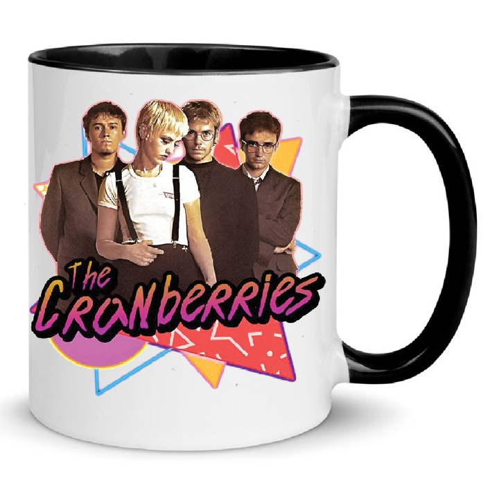 Cana ceramica 330ml alba cu accente negre, inspirata de The Cranberries, pentru cafea si ceai, rezistenta la masina de spalat.