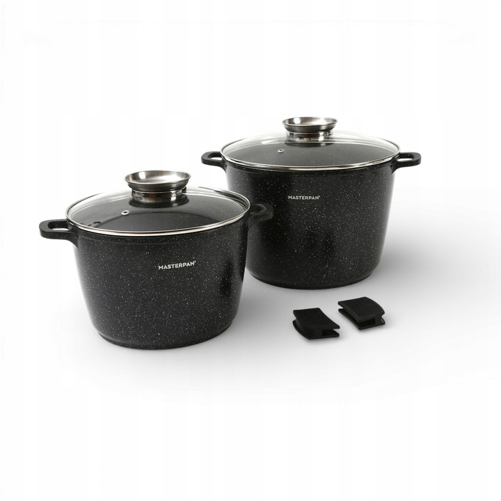 Set oale Masterpan 10L si 7L, aluminiu cu strat antiaderent, negru, cu capac din sticla si sistem Aroma Knob
