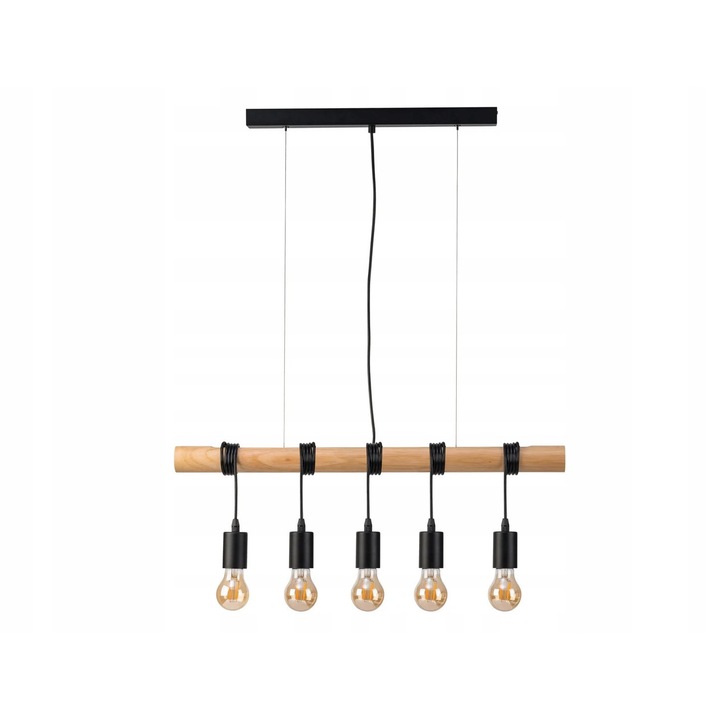 Lampa suspendata Livarno Home, 5 becuri, lemn, sticla fumurie, 5cm x 70cm, inaltime 110cm