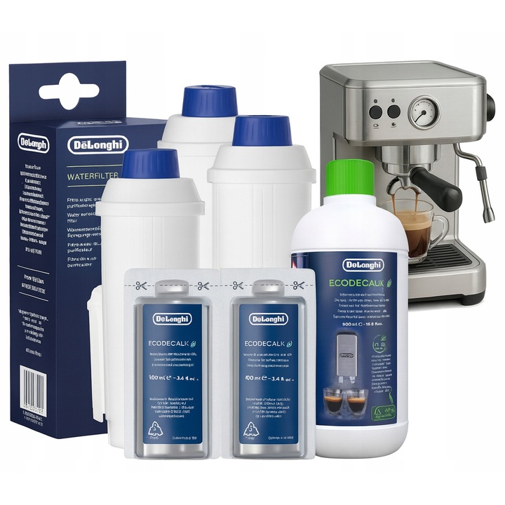Set DeLonghi, 3 filtre DL C002, 500 ml + 2x100 ml odkamieniacz, pentru espressoare automate