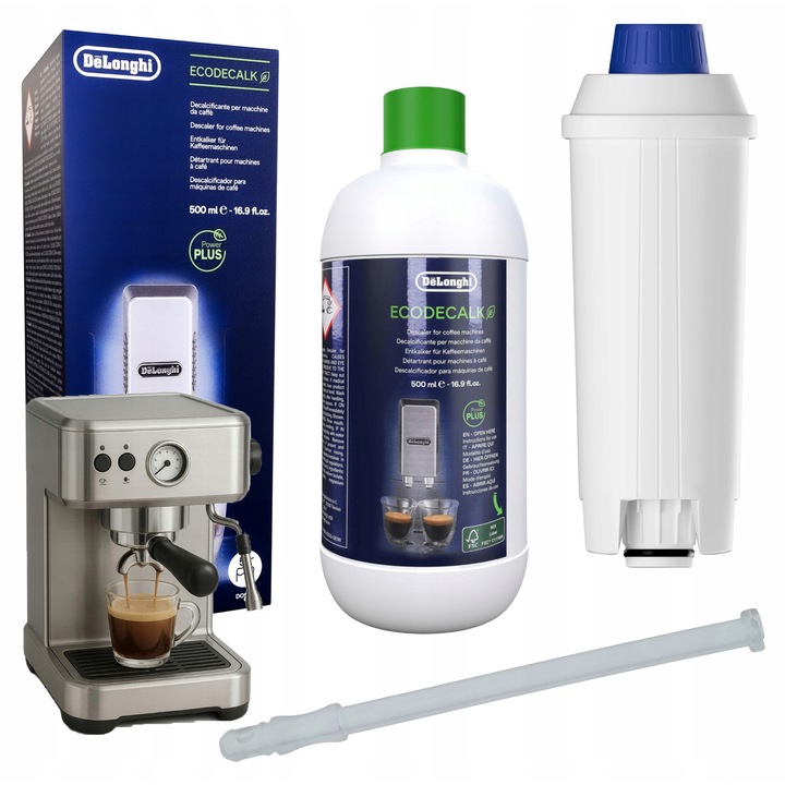 Set DeLonghi Care - Odkamieniacz EcoDecalk 500 ml, Filtru apa DLS C002, Rurca rezervor lapte 15,7 cm