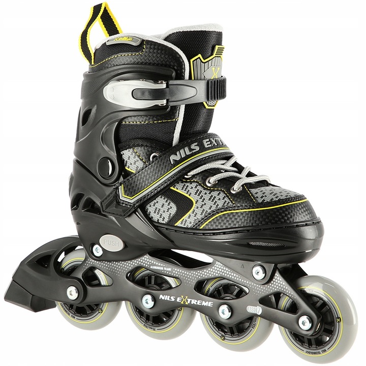 Role Nils Extreme, model NA14198, negru-galben, dimensiune S (31-34), cu sistem de ventilatie, roti PU 64 mm.