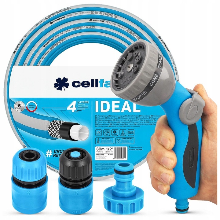 Kerti tömlőkészlet 1/2" 30m, 8 funkciós szórópisztoly, csatlakozó tartozékok, többszínű