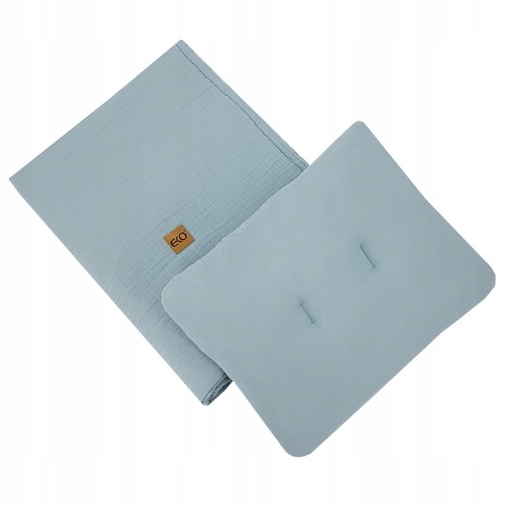 Set muslin pentru carucior si patut, EKO, 75x100cm, 30x40cm, antialergic, albastru