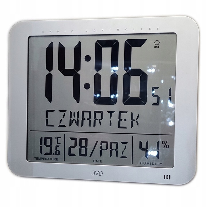 Ceas digital JVD DH9335.1, argintiu, cu termometru, higrometru, 24,8x20,7cm