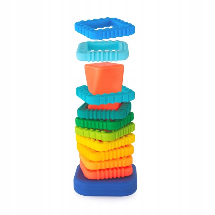 Turnul cu blocuri Sassy, jucarie senzoriala pentru bebelusi, 12 luni+, material fara BPA, multicolor