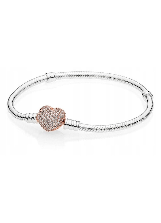 Bratara din argint Pandora Moments cu inchidere in forma de inima placata cu aur roz de 14k si zirconii, 16 cm