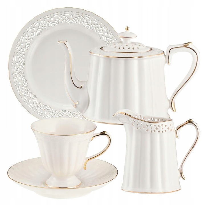 Set portelan pentru ceai Clara Gold Ivory, 21 piese, 6 persoane, crem foarte deschis, decorat manual cu aur