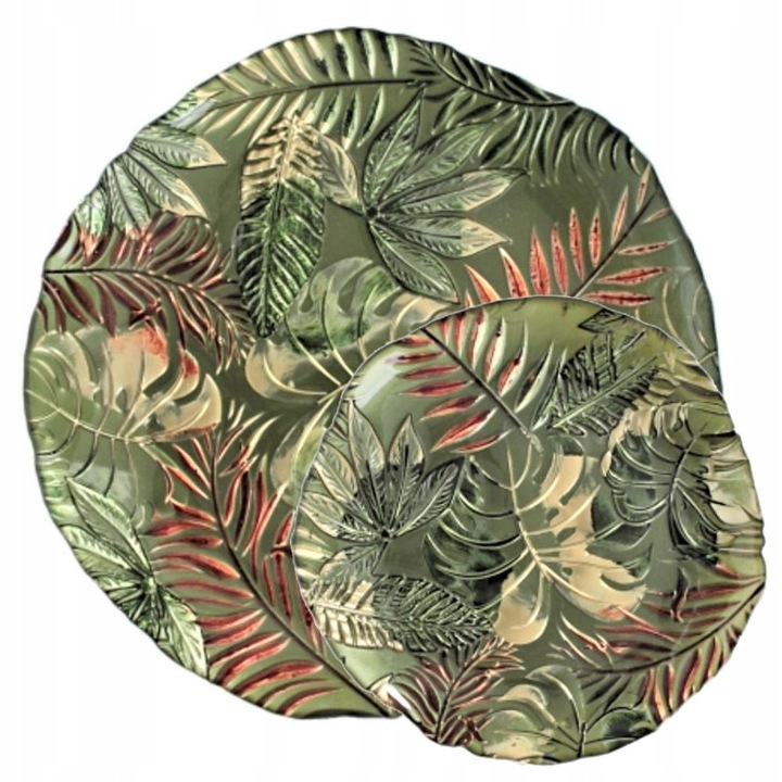 Set farfurii de desert din sticla, Villa Italia, verde, auriu, 1 farfurie mare 32cm, 6 farfurii mici 21cm