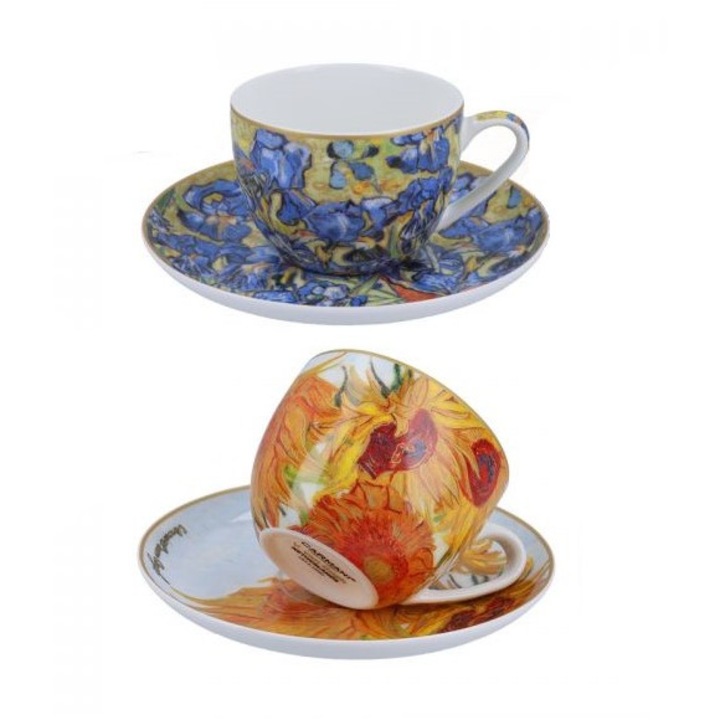 Set 2 cani cu farfurii, Carmani, Van Gogh Flori Soarelui si Irisi, 250 ml, portelan