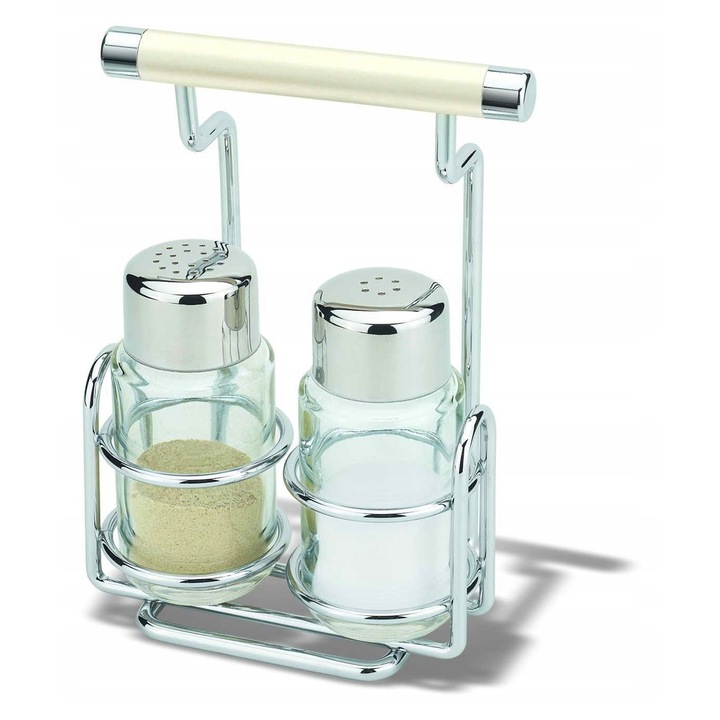 Set 2 rasnite condimente Regent Perle, inox, sticla, 9x4cm, suport 11x7x14cm